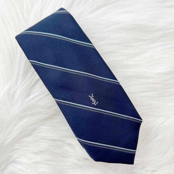 Vintage Yves Saint Laurent- Navy blue striped Logo narrow tie - Picture 1 of 9